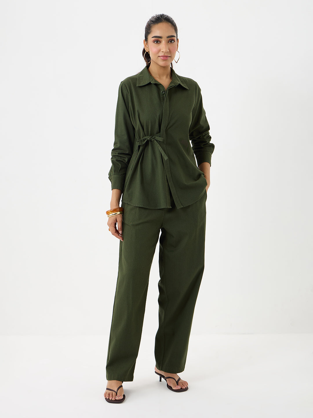 Olive Twill Tie-Up Shirt Co-Ord
