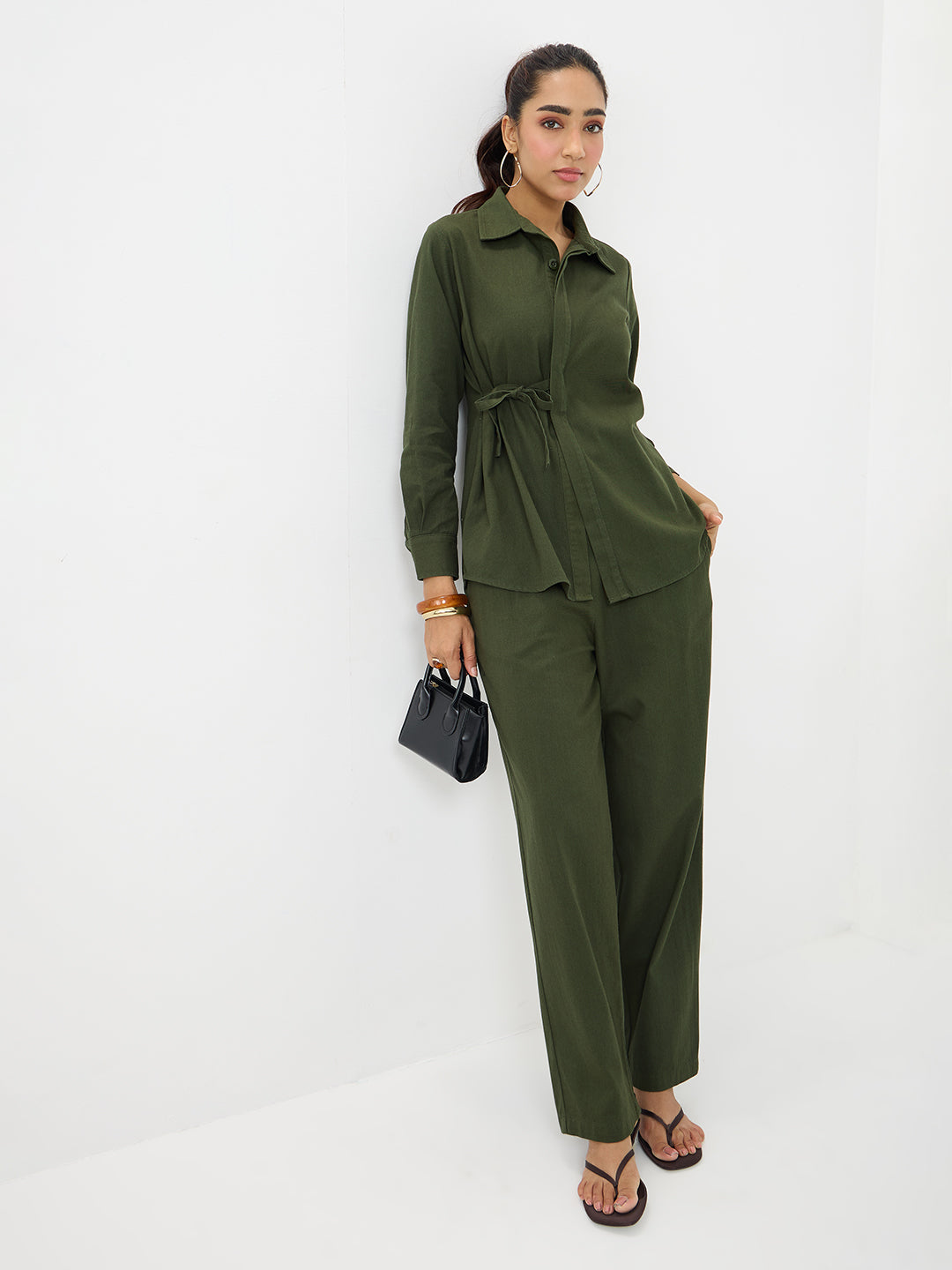 Olive Twill Tie-Up Shirt Co-Ord