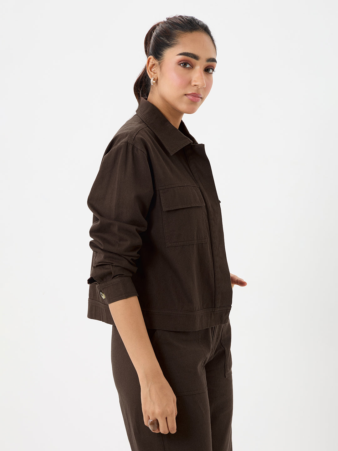 Coffee Brown Twill Crop Jacket