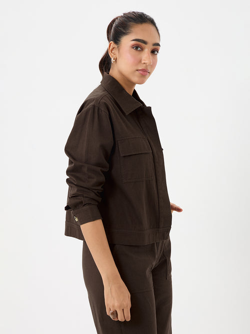 Coffee Brown Twill Crop Jacket