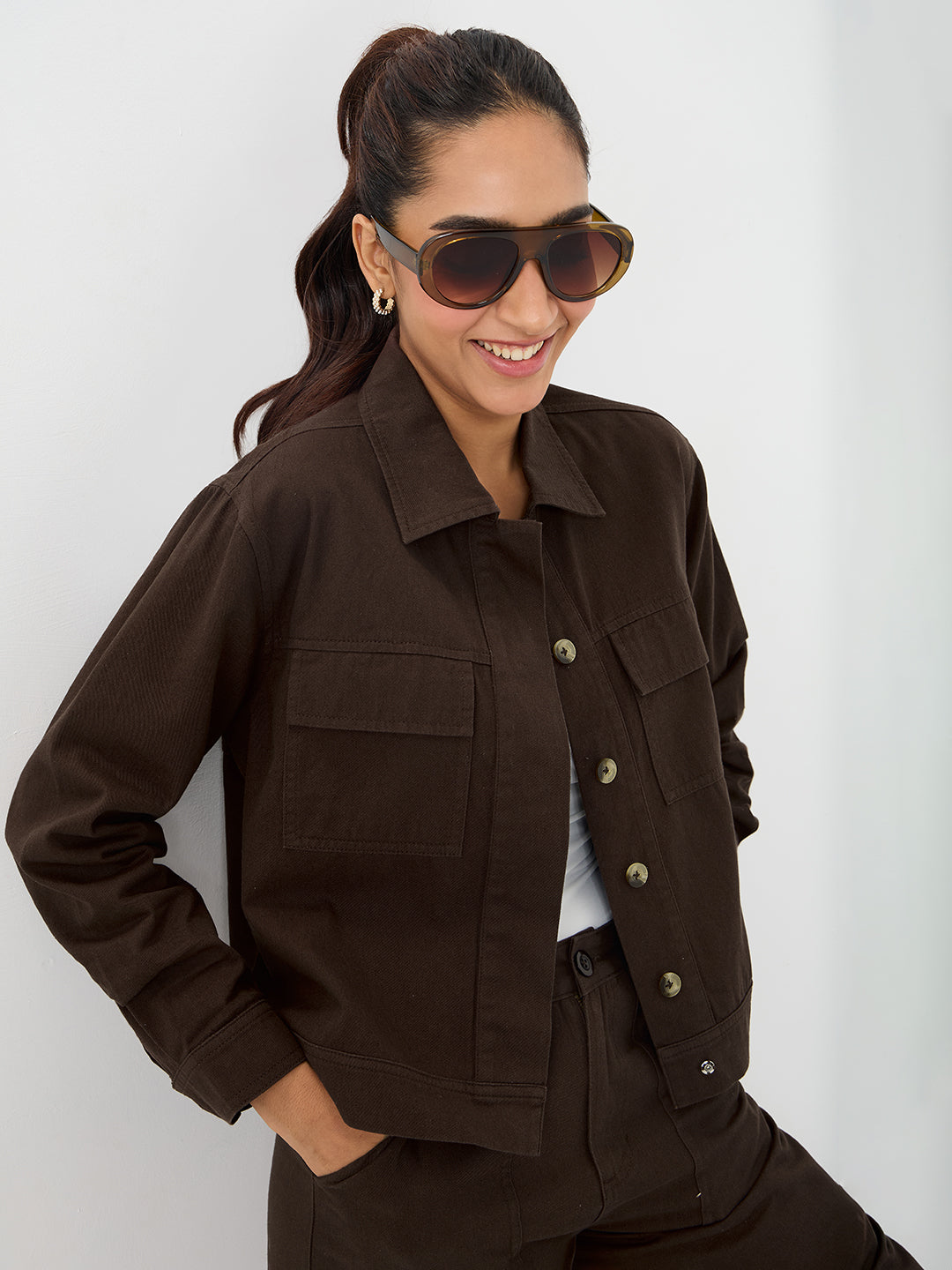 Coffee Brown Twill Crop Jacket