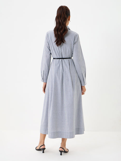 Black Stripe Pleated Ankle Length Dress