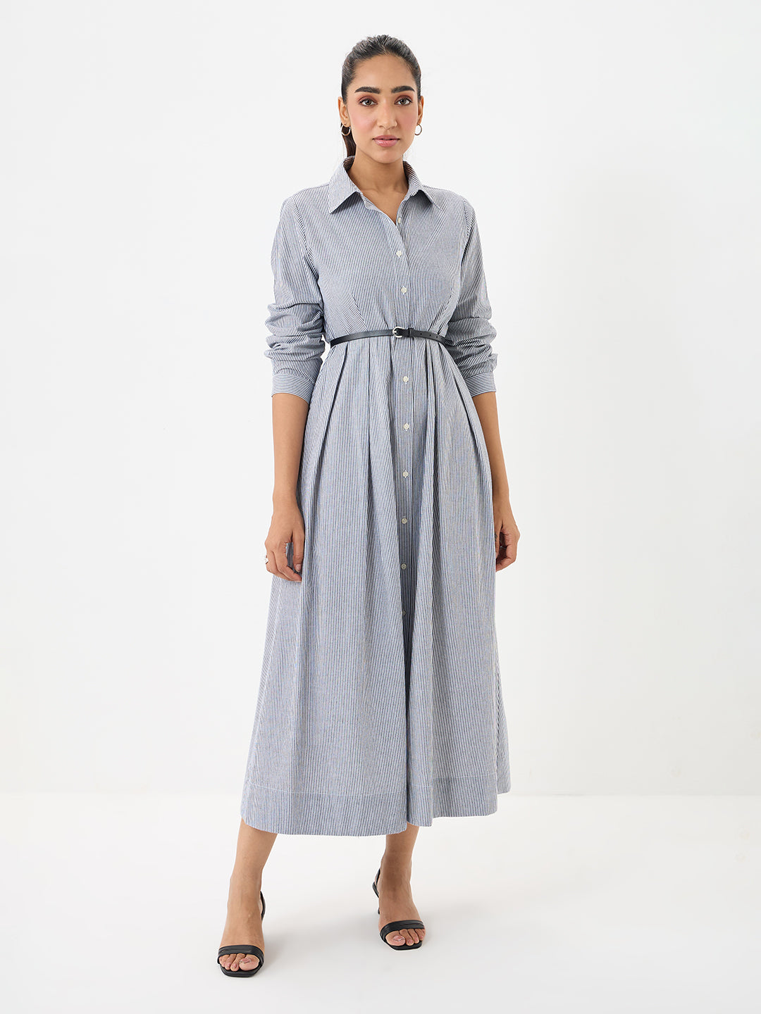 Black Stripe Pleated Ankle Length Dress