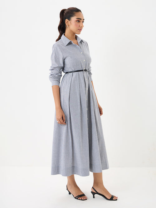 Black Stripe Pleated Ankle Length Dress
