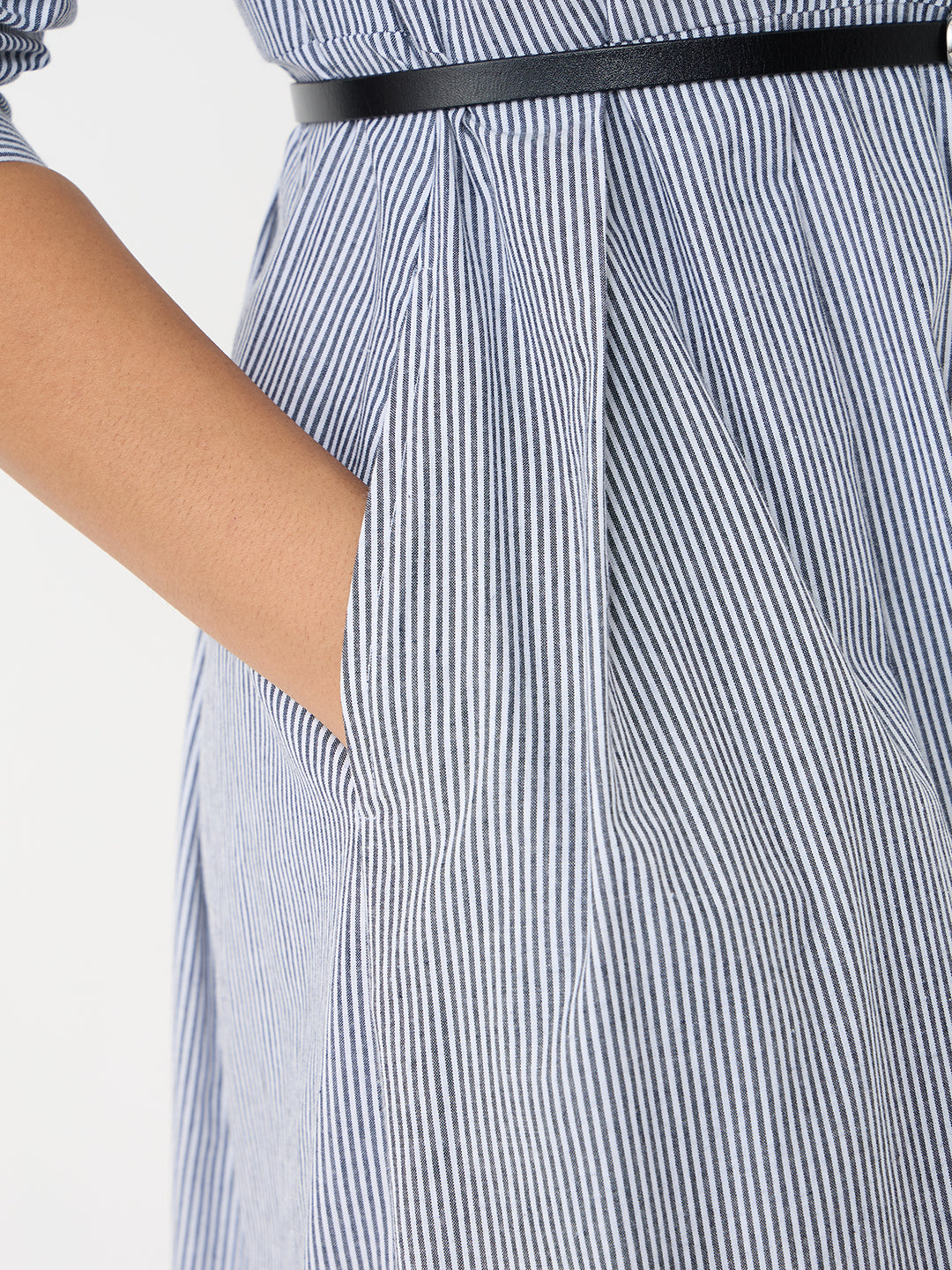 Black Stripe Pleated Ankle Length Dress