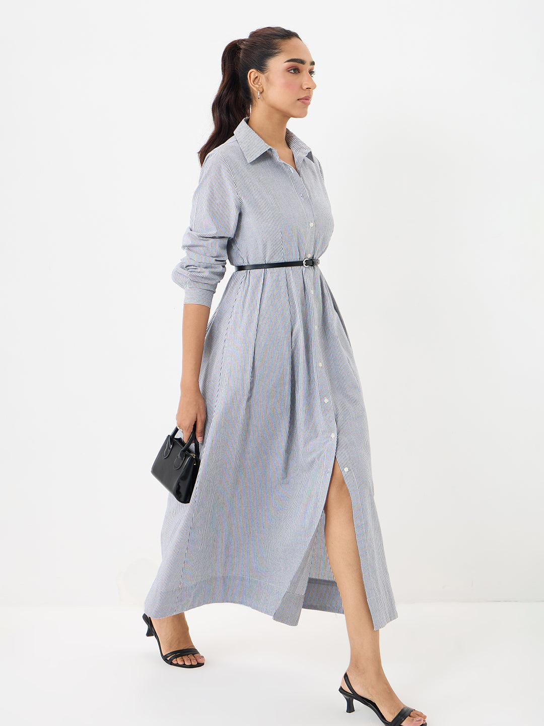 Black Stripe Pleated Ankle Length Dress
