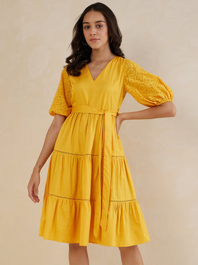 Mustard Cotton Belted Tiered Midi Dress