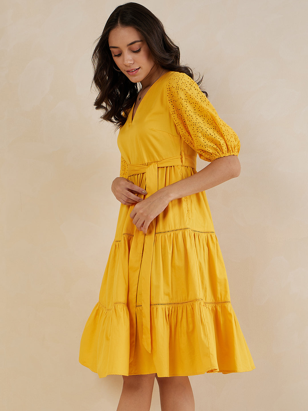 Mustard Cotton Belted Tiered Midi Dress