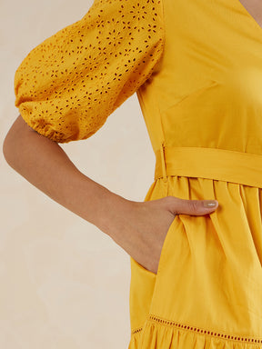Mustard Cotton Belted Tiered Midi Dress
