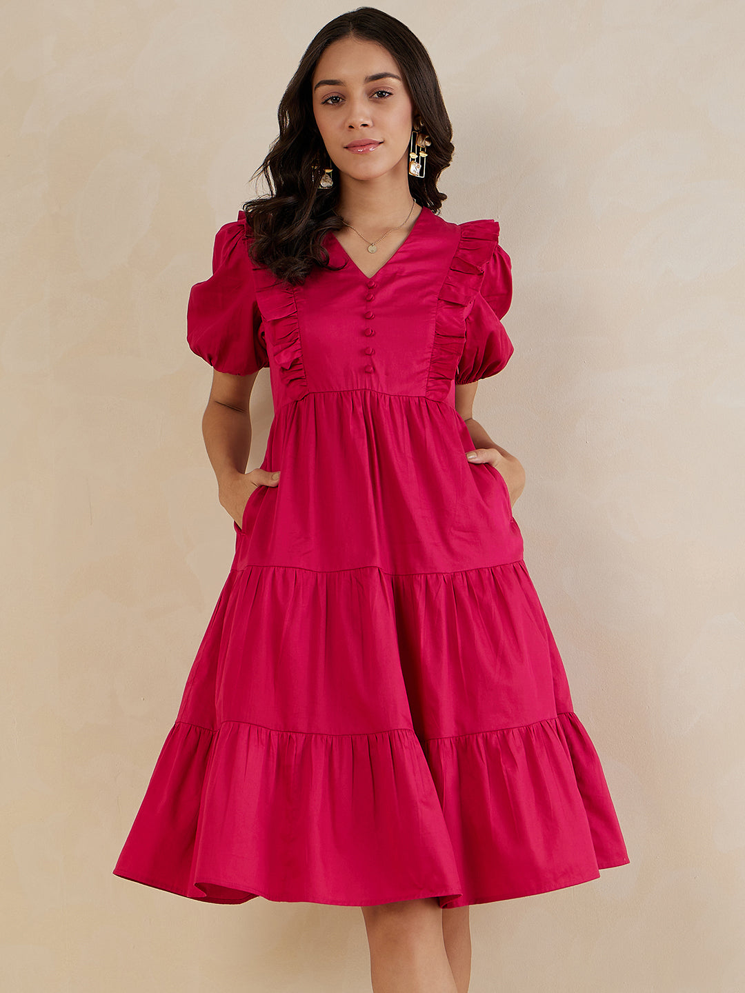 Pink Cotton Ruffle Tiered Midi Dress