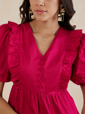 Pink Cotton Ruffle Tiered Midi Dress