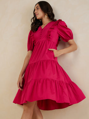 Pink Cotton Ruffle Tiered Midi Dress