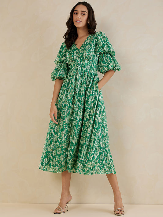 Green Floral Lurex Tiered Maxi Dress