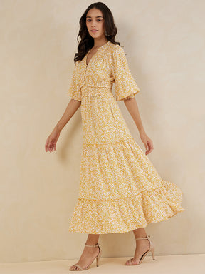 Mustard Floral Smocked Tiered Maxi Dress