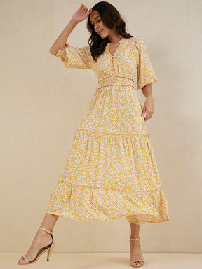 Mustard Floral Smocked Tiered Maxi Dress