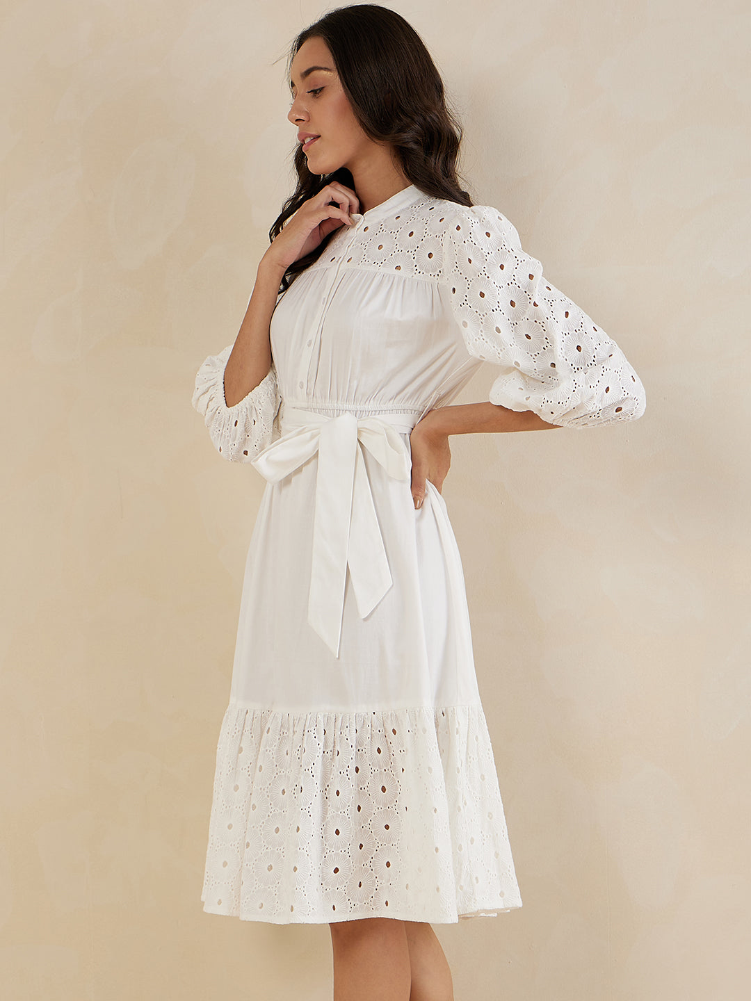 Off-White Cotton Tiered Midi Dress
