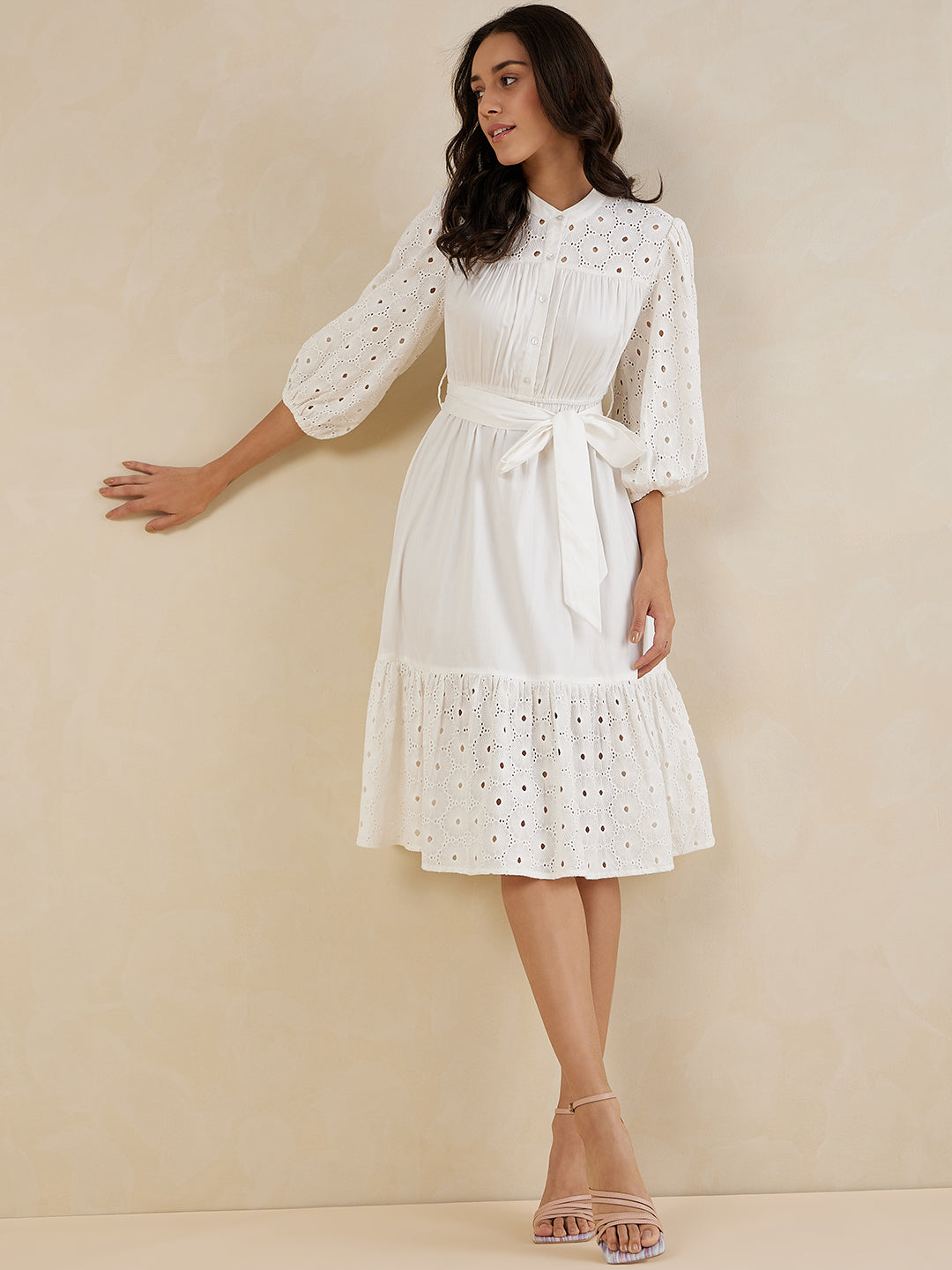 Off-White Cotton Tiered Midi Dress