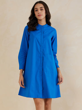 Blue Cotton Poplin Button Down Knee Length Dress