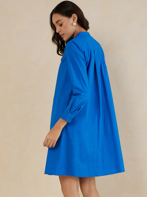 Blue Cotton Poplin Button Down Knee Length Dress