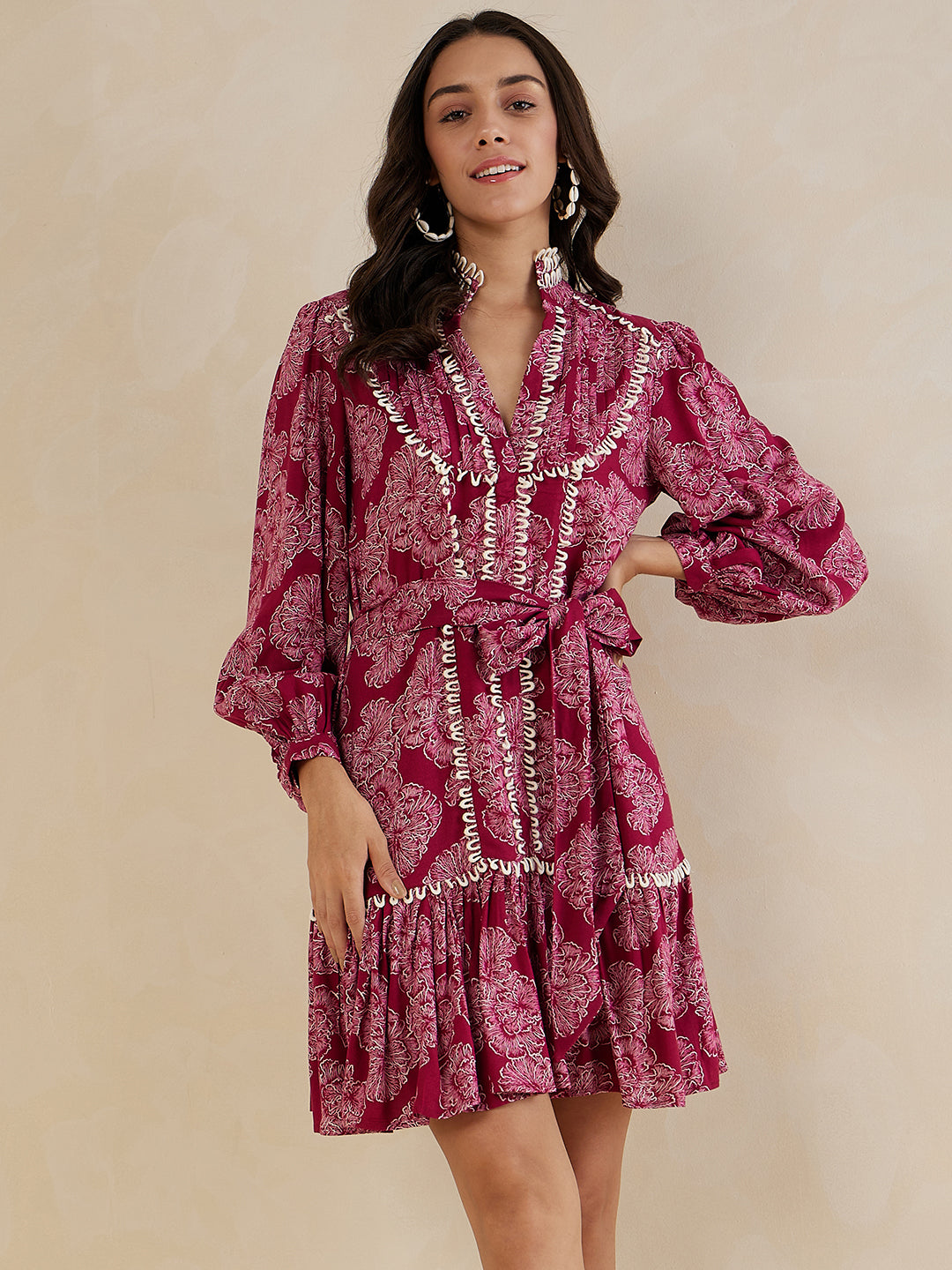 Wine Floral Printed Lace Detail Belted Knee Length Dress