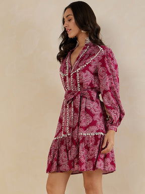 Wine Floral Printed Lace Detail Belted Knee Length Dress