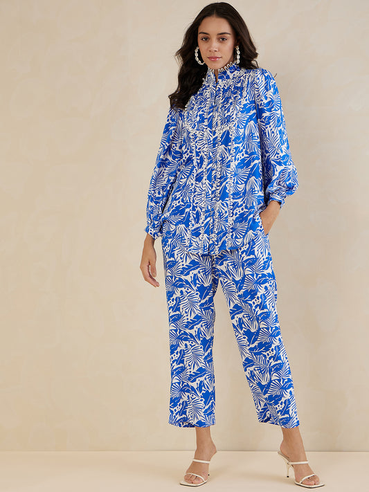 Blue Leaf Print Lace Detail Coord Set