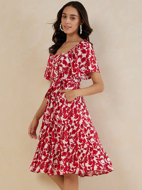 Red Floral Tiered Midi Dress