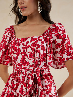 Red Floral Tiered Midi Dress