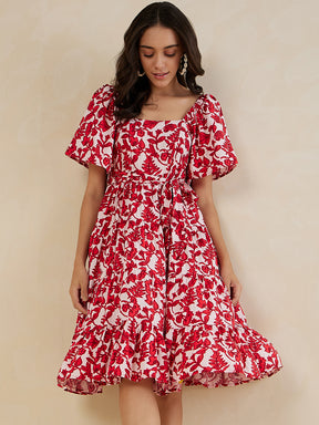Red Floral Tiered Midi Dress