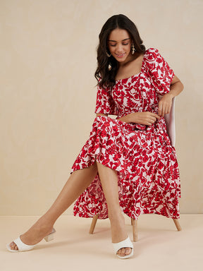 Red Floral Tiered Midi Dress