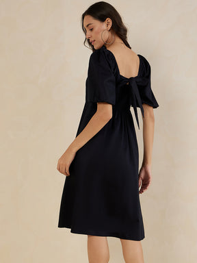 Black Cotton Bow Midi Dress