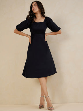 Black Cotton Bow Midi Dress
