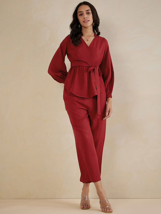 Red Solid Wrap Co-Ord Set