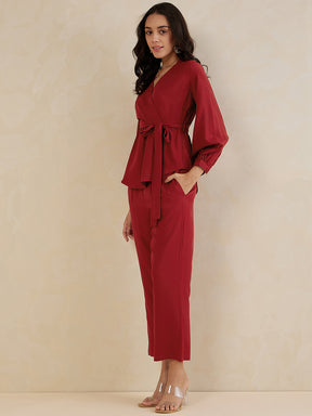 Red Solid Wrap Co-Ord Set