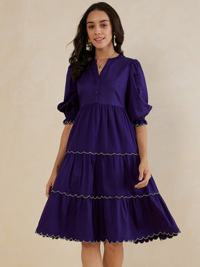 Purple Scalloped Lace Tiered Midi Dress