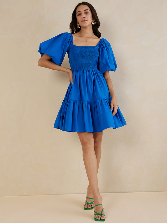 Blue Cotton Smocked Mini Tiered Dress