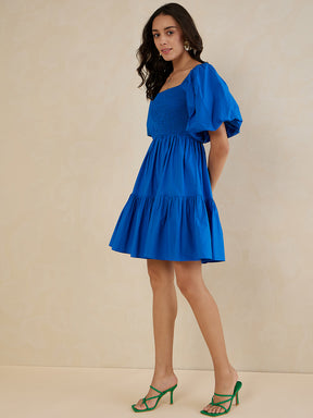 Blue Cotton Smocked Mini Tiered Dress