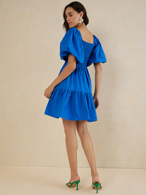 Blue Cotton Smocked Mini Tiered Dress