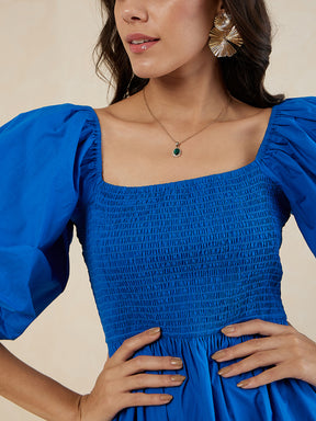 Blue Cotton Smocked Mini Tiered Dress