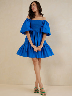 Blue Cotton Smocked Mini Tiered Dress