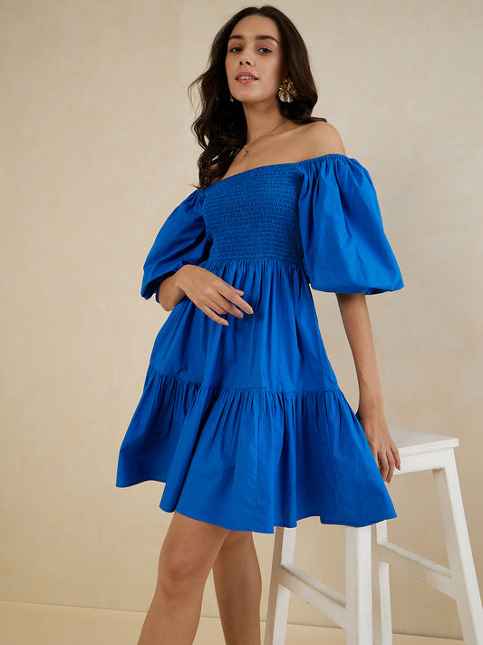 Blue Cotton Smocked Mini Tiered Dress