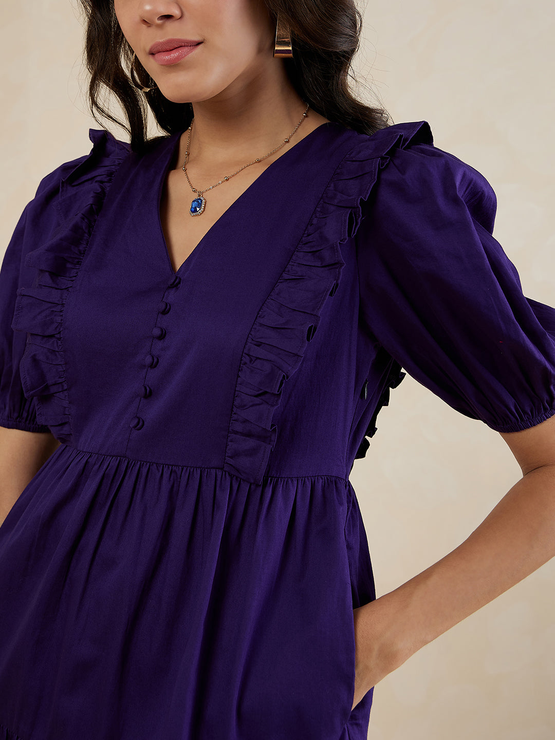 Purple Cotton Ruffle Tiered Midi Dress