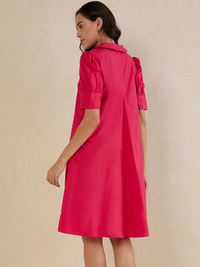 Pink Cotton Poplin V Neck Midi Dress