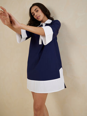 Blue And White Shirt Colorblock Mini Dress