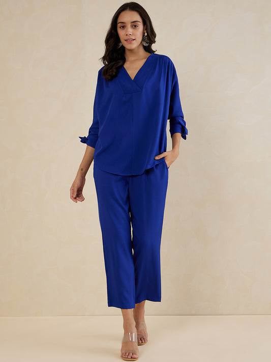 Blue Solid Tie-Up Detail Co-Ord Set