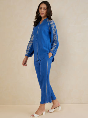 Blue Solid Embroidered Cotton Coord Set