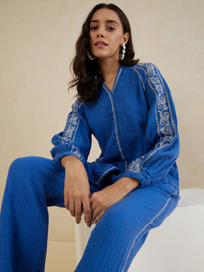 Blue Solid Embroidered Cotton Coord Set