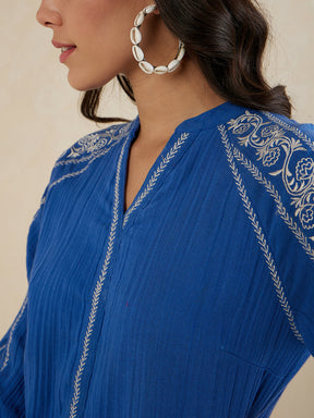 Blue Solid Embroidered Cotton Coord Set