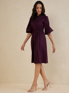 Wine Cotton Poplin Button Down Midi Dress