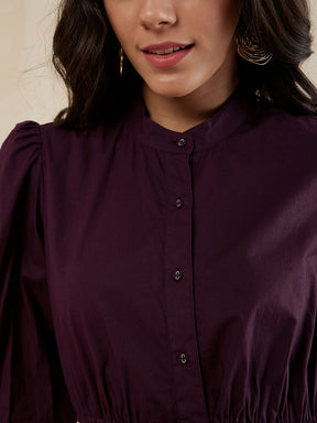 Wine Cotton Poplin Button Down Midi Dress